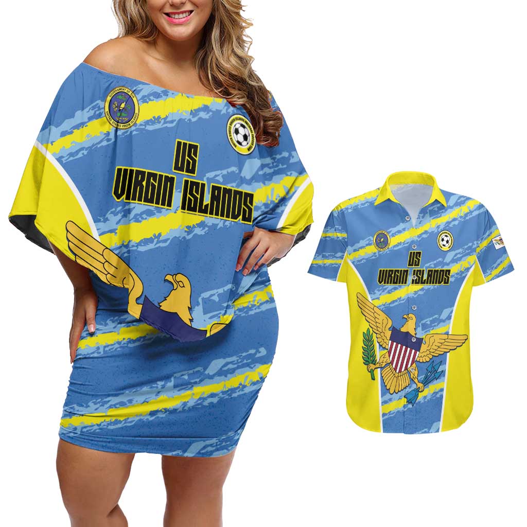 Custom US Virgin Islands Soccer Couples Matching Off Shoulder Short Dress and Hawaiian Shirt Team Dashing Eagles Come On