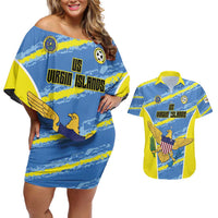 Custom US Virgin Islands Soccer Couples Matching Off Shoulder Short Dress and Hawaiian Shirt Team Dashing Eagles Come On