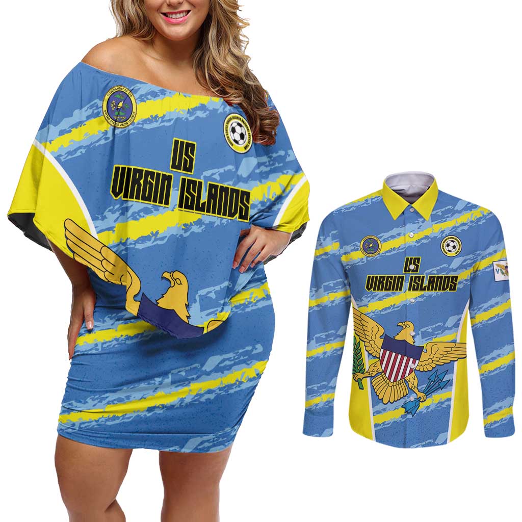 Custom US Virgin Islands Soccer Couples Matching Off Shoulder Short Dress and Long Sleeve Button Shirt Team Dashing Eagles Come On