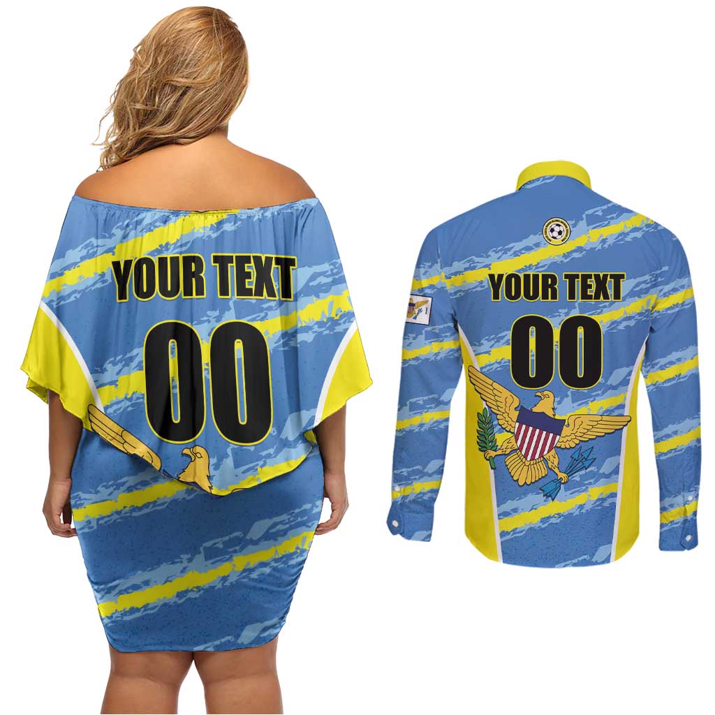 Custom US Virgin Islands Soccer Couples Matching Off Shoulder Short Dress and Long Sleeve Button Shirt Team Dashing Eagles Come On