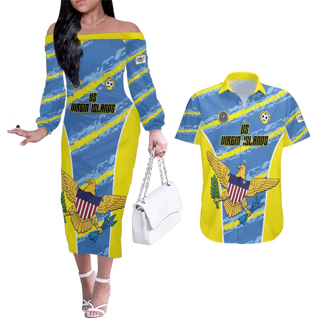 Custom US Virgin Islands Soccer Couples Matching Off The Shoulder Long Sleeve Dress and Hawaiian Shirt Team Dashing Eagles Come On