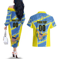 Custom US Virgin Islands Soccer Couples Matching Off The Shoulder Long Sleeve Dress and Hawaiian Shirt Team Dashing Eagles Come On