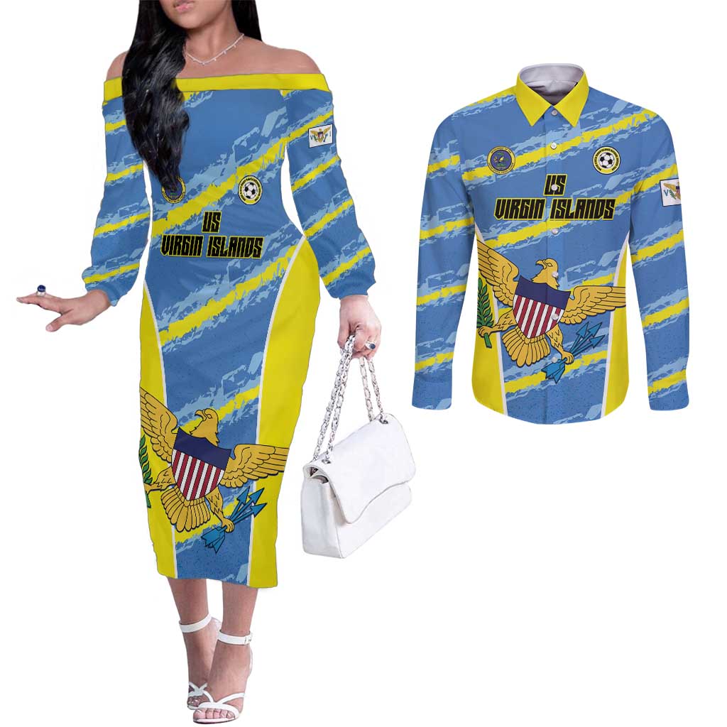 Custom US Virgin Islands Soccer Couples Matching Off The Shoulder Long Sleeve Dress and Long Sleeve Button Shirt Team Dashing Eagles Come On