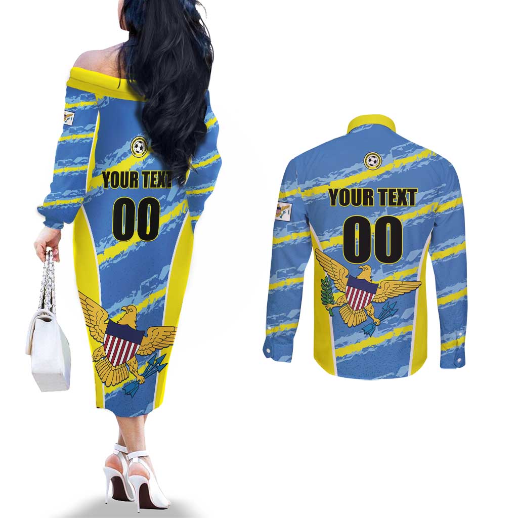 Custom US Virgin Islands Soccer Couples Matching Off The Shoulder Long Sleeve Dress and Long Sleeve Button Shirt Team Dashing Eagles Come On