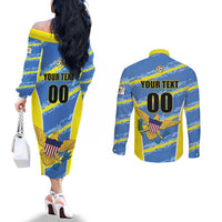 Custom US Virgin Islands Soccer Couples Matching Off The Shoulder Long Sleeve Dress and Long Sleeve Button Shirt Team Dashing Eagles Come On