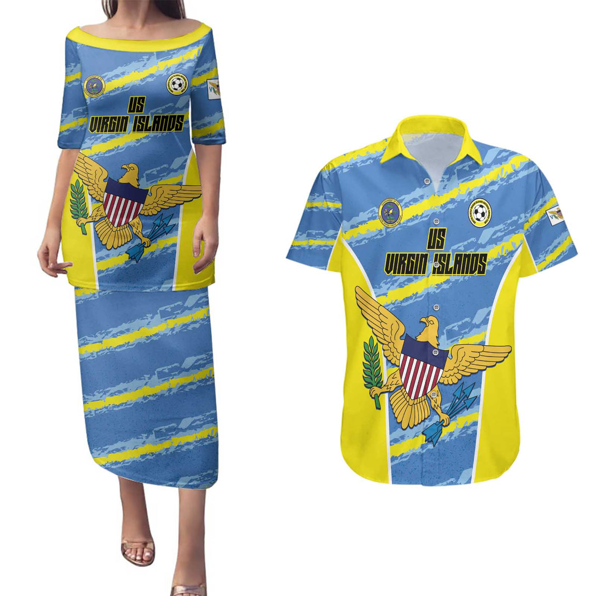 Custom US Virgin Islands Soccer Couples Matching Puletasi and Hawaiian Shirt Team Dashing Eagles Come On