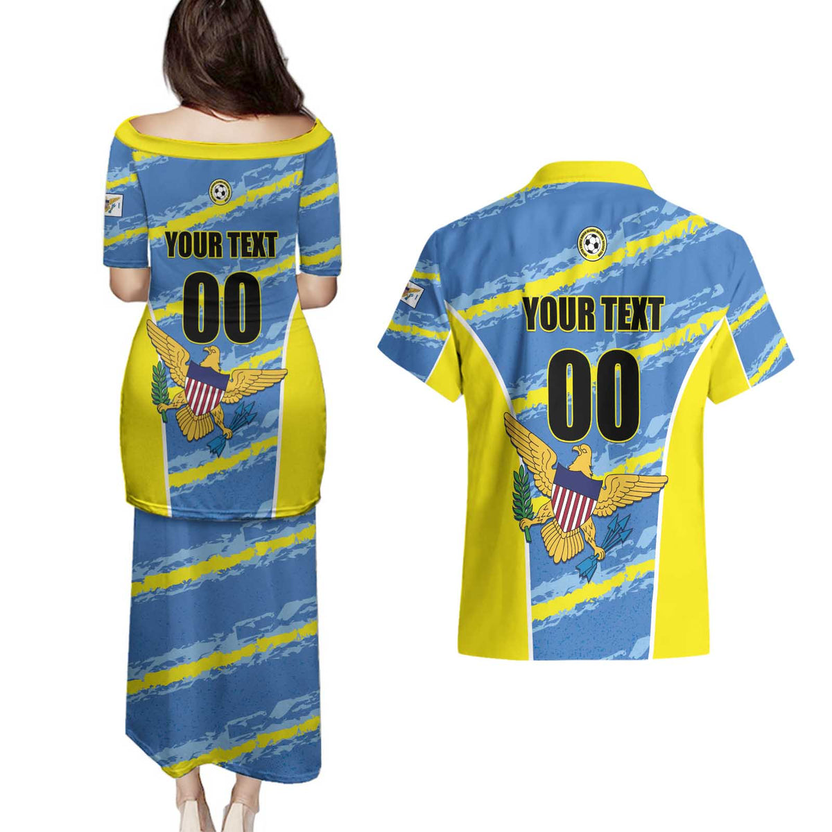 Custom US Virgin Islands Soccer Couples Matching Puletasi and Hawaiian Shirt Team Dashing Eagles Come On