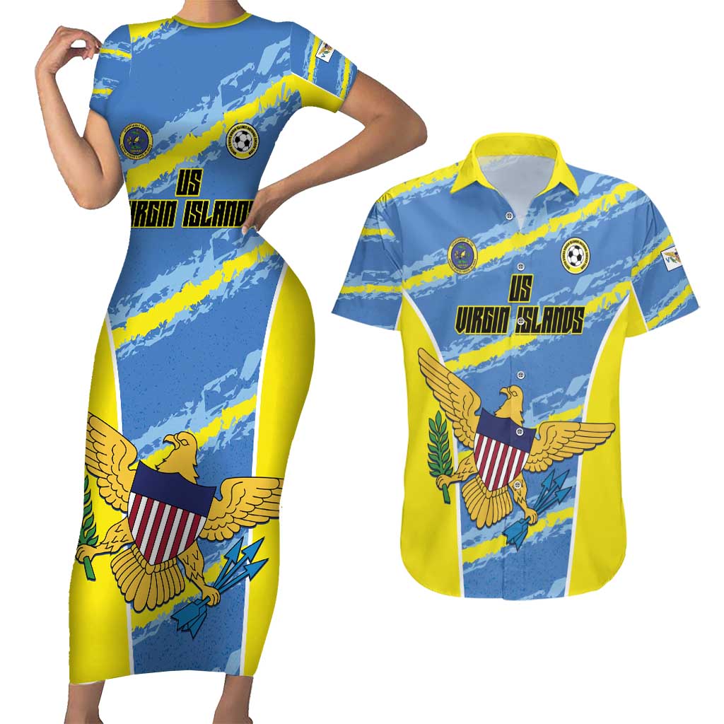 Custom US Virgin Islands Soccer Couples Matching Short Sleeve Bodycon Dress and Hawaiian Shirt Team Dashing Eagles Come On