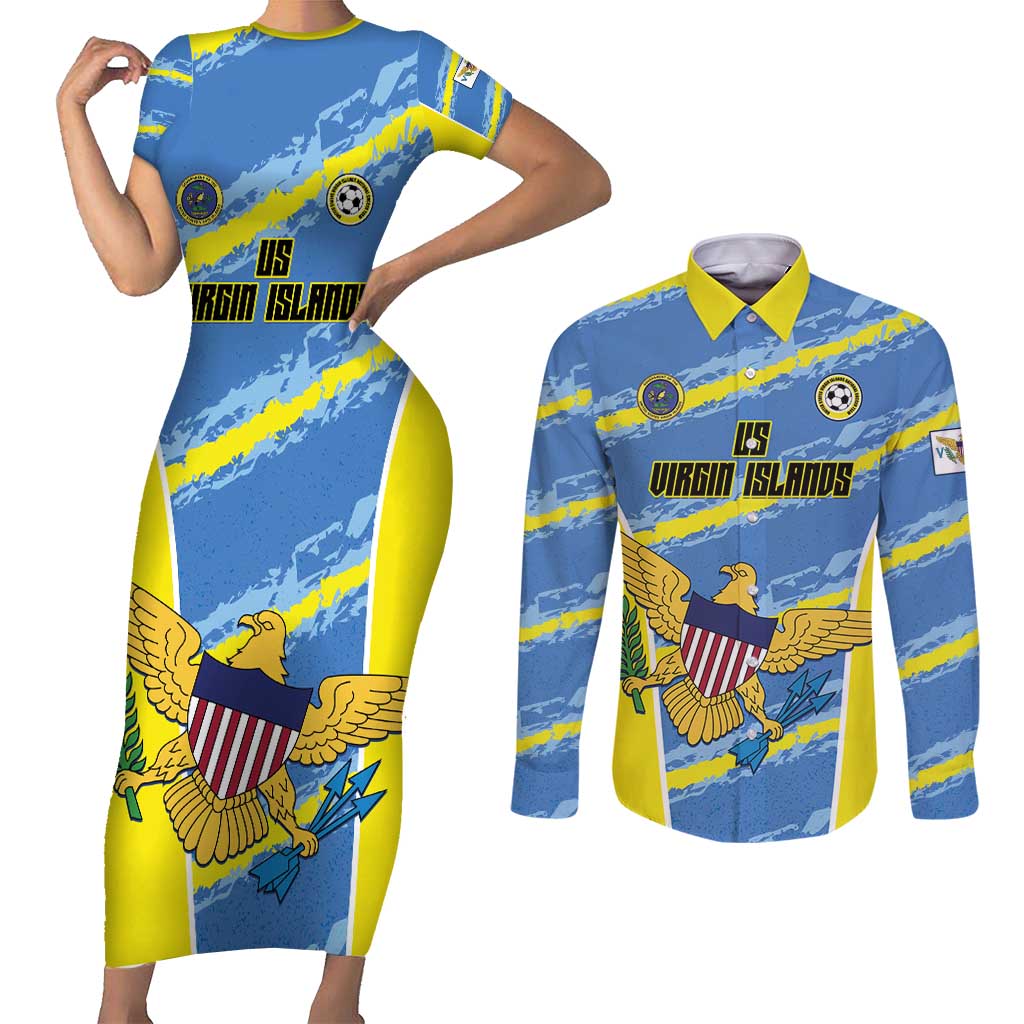 Custom US Virgin Islands Soccer Couples Matching Short Sleeve Bodycon Dress and Long Sleeve Button Shirt Team Dashing Eagles Come On