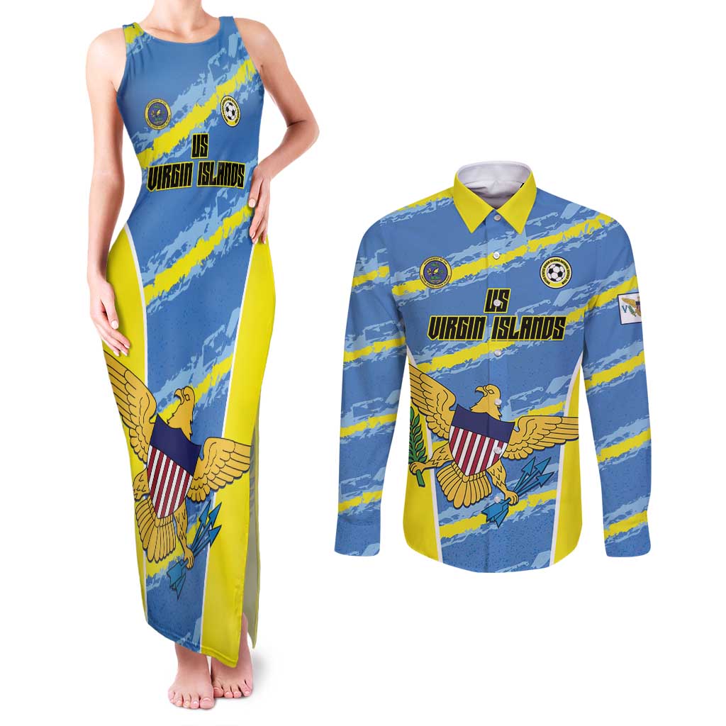Custom US Virgin Islands Soccer Couples Matching Tank Maxi Dress and Long Sleeve Button Shirt Team Dashing Eagles Come On