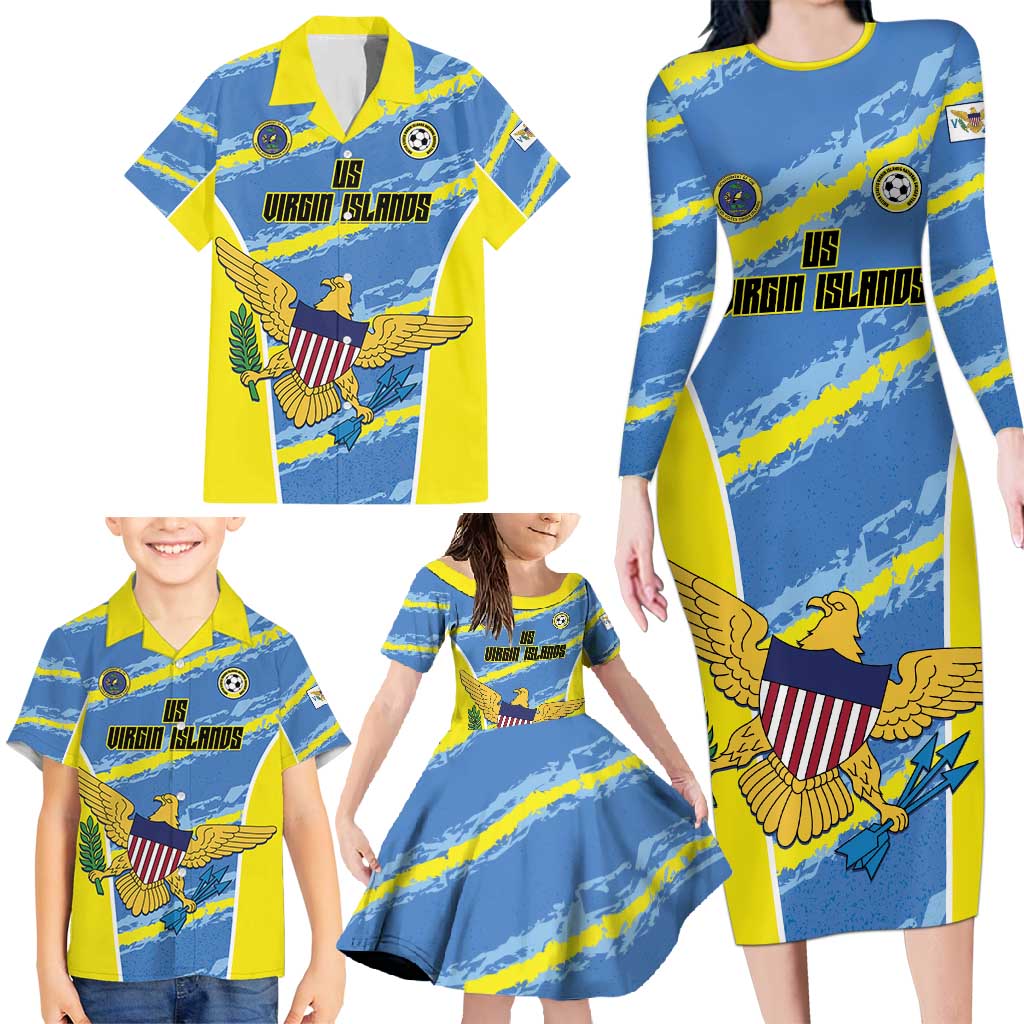 Custom US Virgin Islands Soccer Family Matching Long Sleeve Bodycon Dress and Hawaiian Shirt Team Dashing Eagles Come On