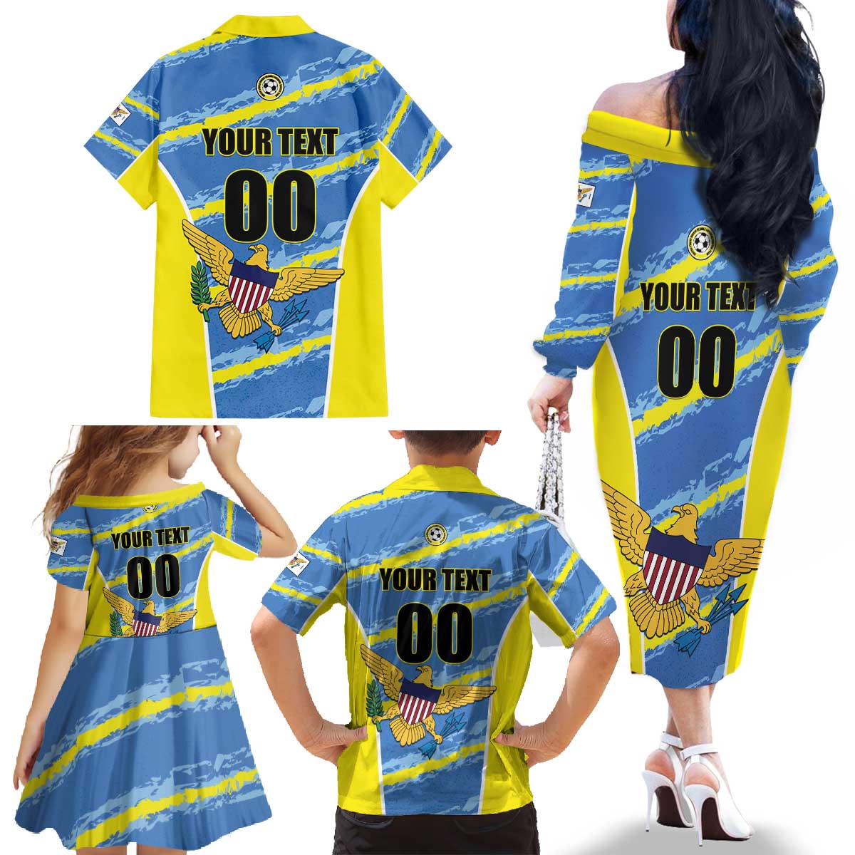 Custom US Virgin Islands Soccer Family Matching Off The Shoulder Long Sleeve Dress and Hawaiian Shirt Team Dashing Eagles Come On