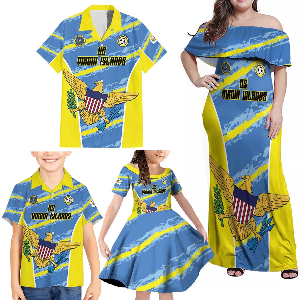 Custom US Virgin Islands Soccer Family Matching Off Shoulder Maxi Dress and Hawaiian Shirt Team Dashing Eagles Come On