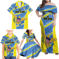 Custom US Virgin Islands Soccer Family Matching Off Shoulder Maxi Dress and Hawaiian Shirt Team Dashing Eagles Come On