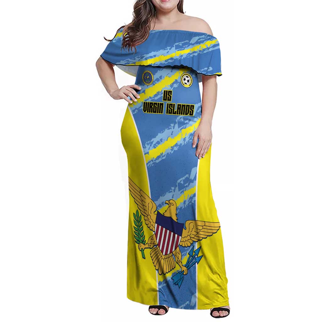 Custom US Virgin Islands Soccer Family Matching Off Shoulder Maxi Dress and Hawaiian Shirt Team Dashing Eagles Come On