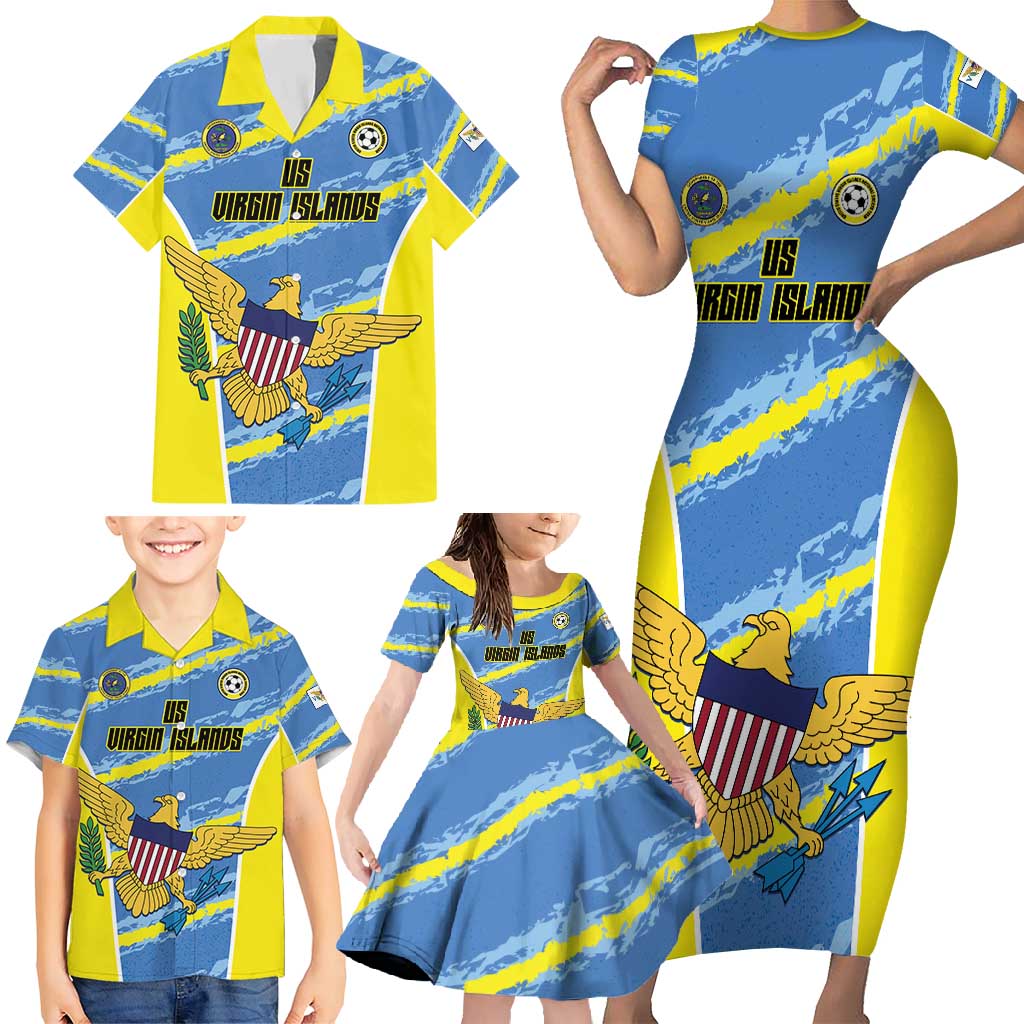 Custom US Virgin Islands Soccer Family Matching Short Sleeve Bodycon Dress and Hawaiian Shirt Team Dashing Eagles Come On