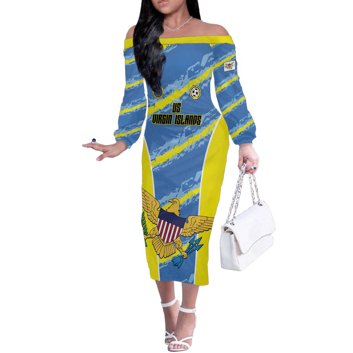 Custom US Virgin Islands Soccer Off The Shoulder Long Sleeve Dress Team Dashing Eagles Come On
