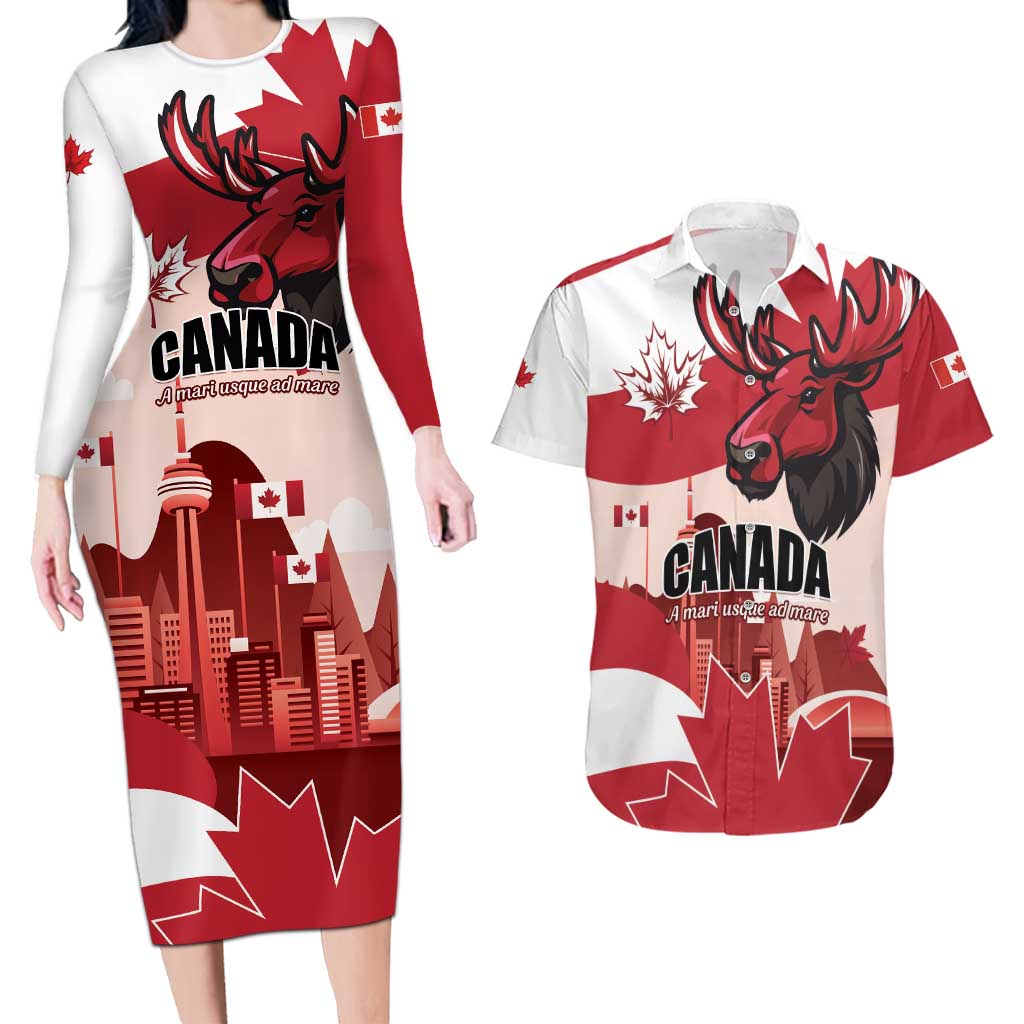 Personalised Canada Day 1867 Couples Matching Long Sleeve Bodycon Dress and Hawaiian Shirt Moose With Maple Leaves