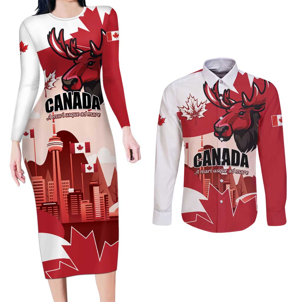 Personalised Canada Day 1867 Couples Matching Long Sleeve Bodycon Dress and Long Sleeve Button Shirt Moose With Maple Leaves