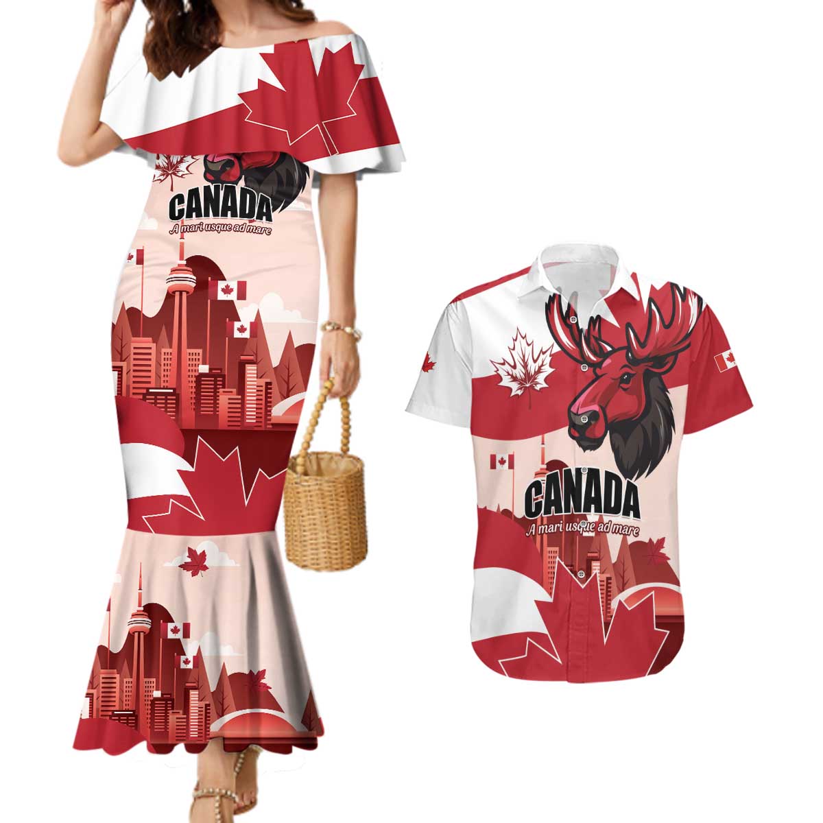 Personalised Canada Day 1867 Couples Matching Mermaid Dress and Hawaiian Shirt Moose With Maple Leaves