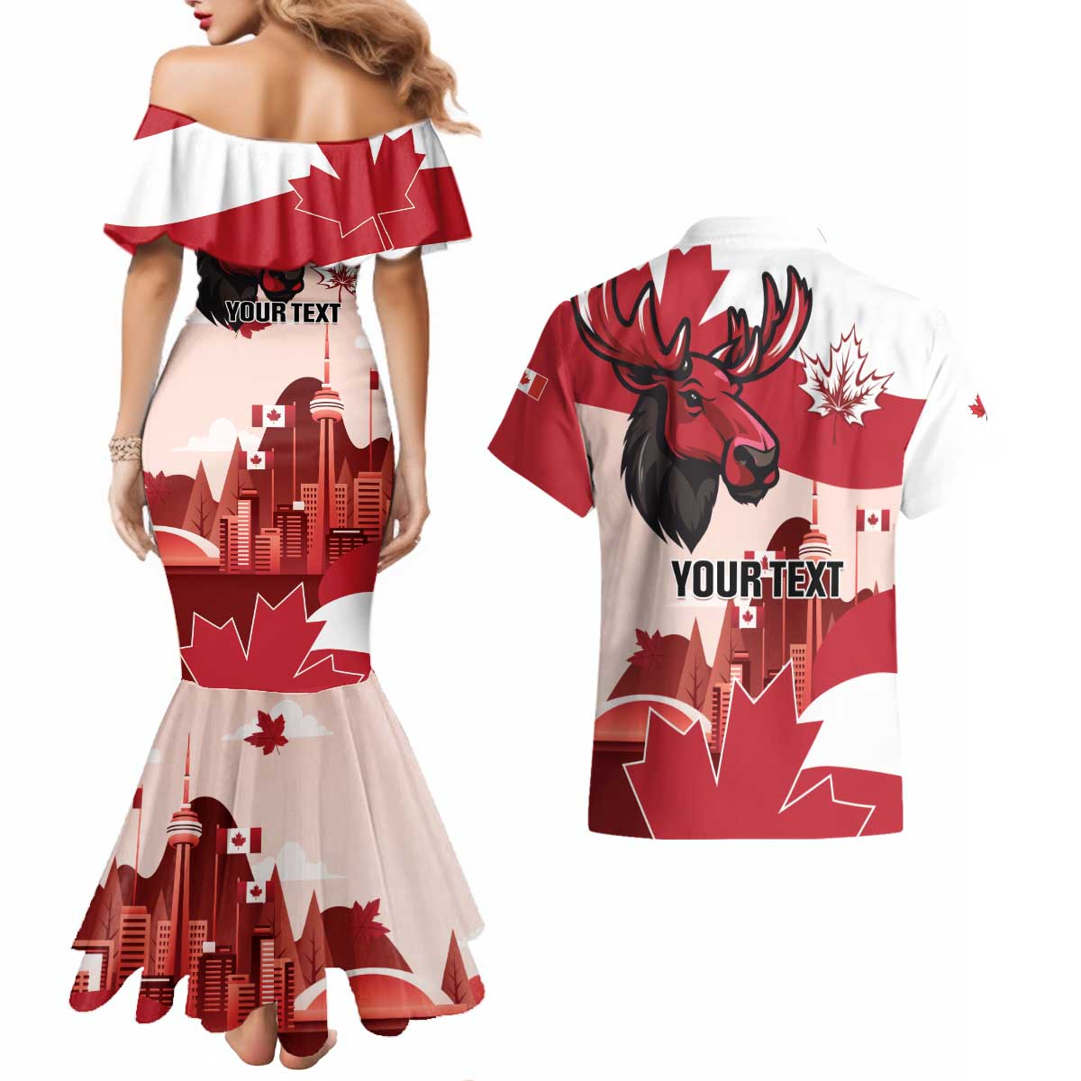Personalised Canada Day 1867 Couples Matching Mermaid Dress and Hawaiian Shirt Moose With Maple Leaves