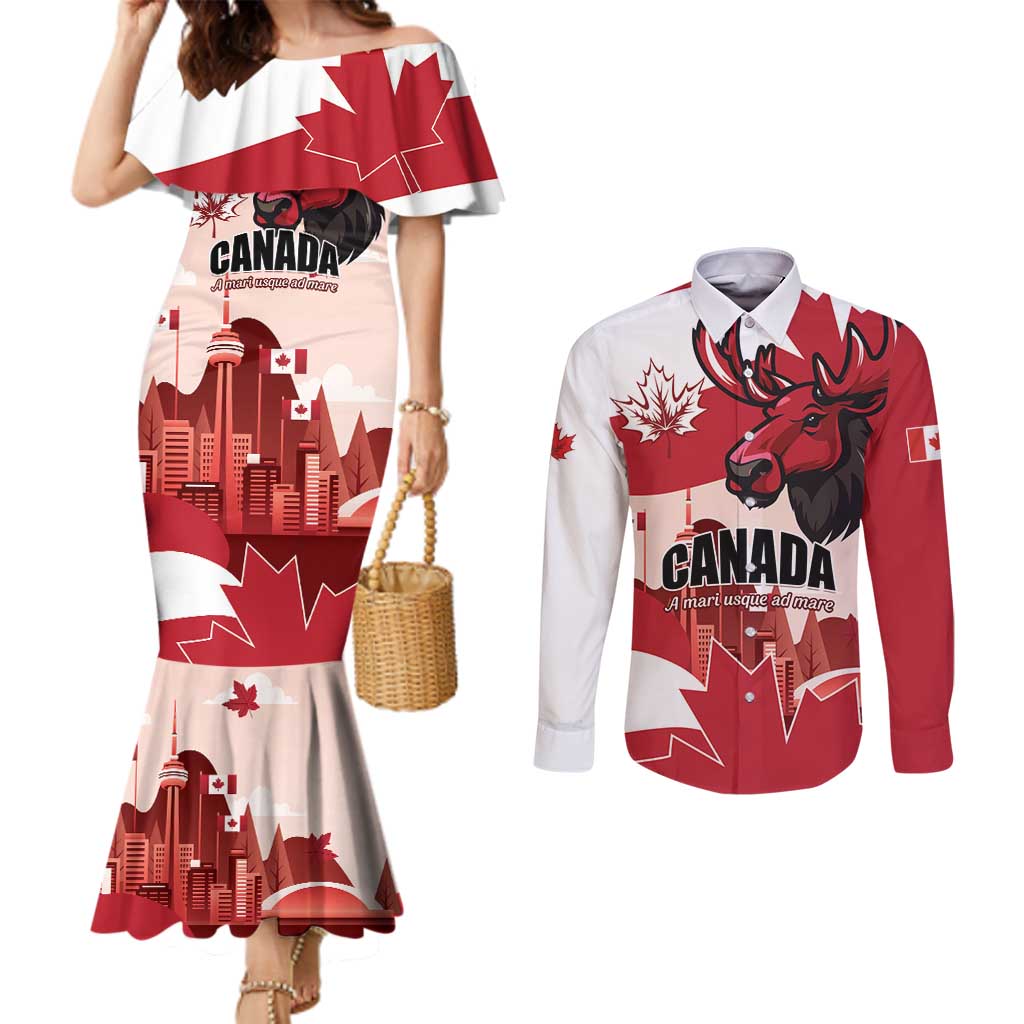 Personalised Canada Day 1867 Couples Matching Mermaid Dress and Long Sleeve Button Shirt Moose With Maple Leaves