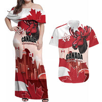 Personalised Canada Day 1867 Couples Matching Off Shoulder Maxi Dress and Hawaiian Shirt Moose With Maple Leaves