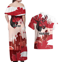 Personalised Canada Day 1867 Couples Matching Off Shoulder Maxi Dress and Hawaiian Shirt Moose With Maple Leaves