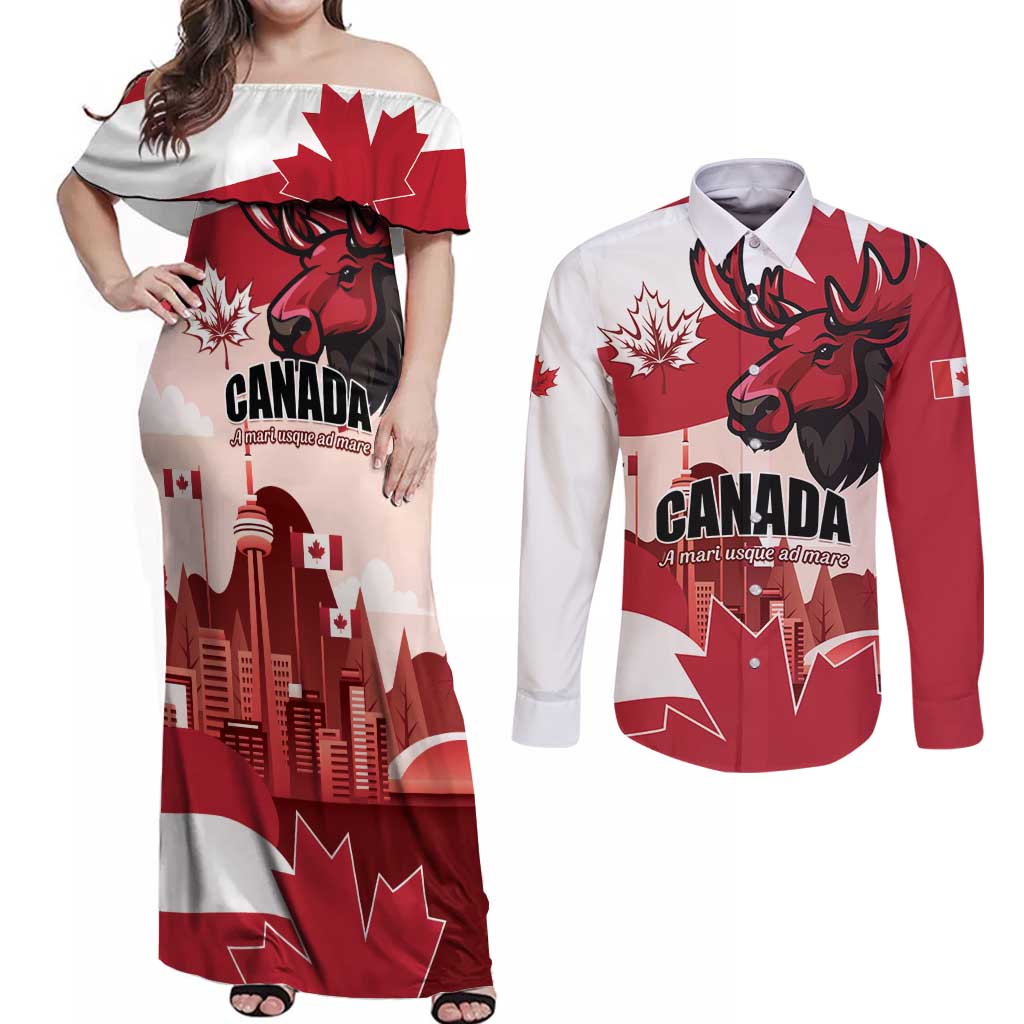 Personalised Canada Day 1867 Couples Matching Off Shoulder Maxi Dress and Long Sleeve Button Shirt Moose With Maple Leaves