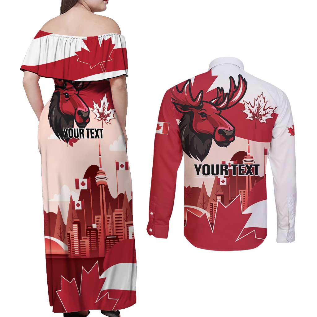 Personalised Canada Day 1867 Couples Matching Off Shoulder Maxi Dress and Long Sleeve Button Shirt Moose With Maple Leaves