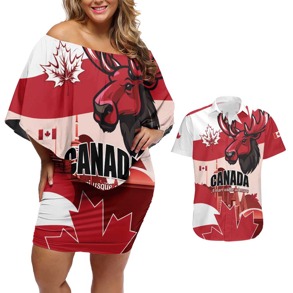 Personalised Canada Day 1867 Couples Matching Off Shoulder Short Dress and Hawaiian Shirt Moose With Maple Leaves