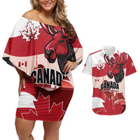 Personalised Canada Day 1867 Couples Matching Off Shoulder Short Dress and Hawaiian Shirt Moose With Maple Leaves