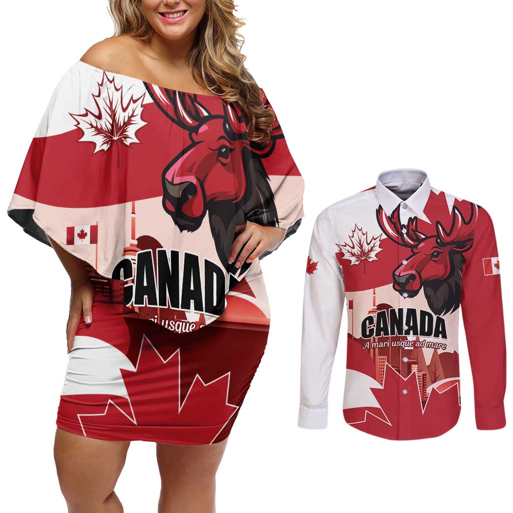 Personalised Canada Day 1867 Couples Matching Off Shoulder Short Dress and Long Sleeve Button Shirt Moose With Maple Leaves