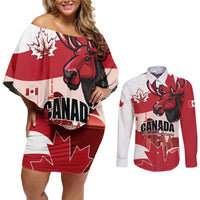 Personalised Canada Day 1867 Couples Matching Off Shoulder Short Dress and Long Sleeve Button Shirt Moose With Maple Leaves
