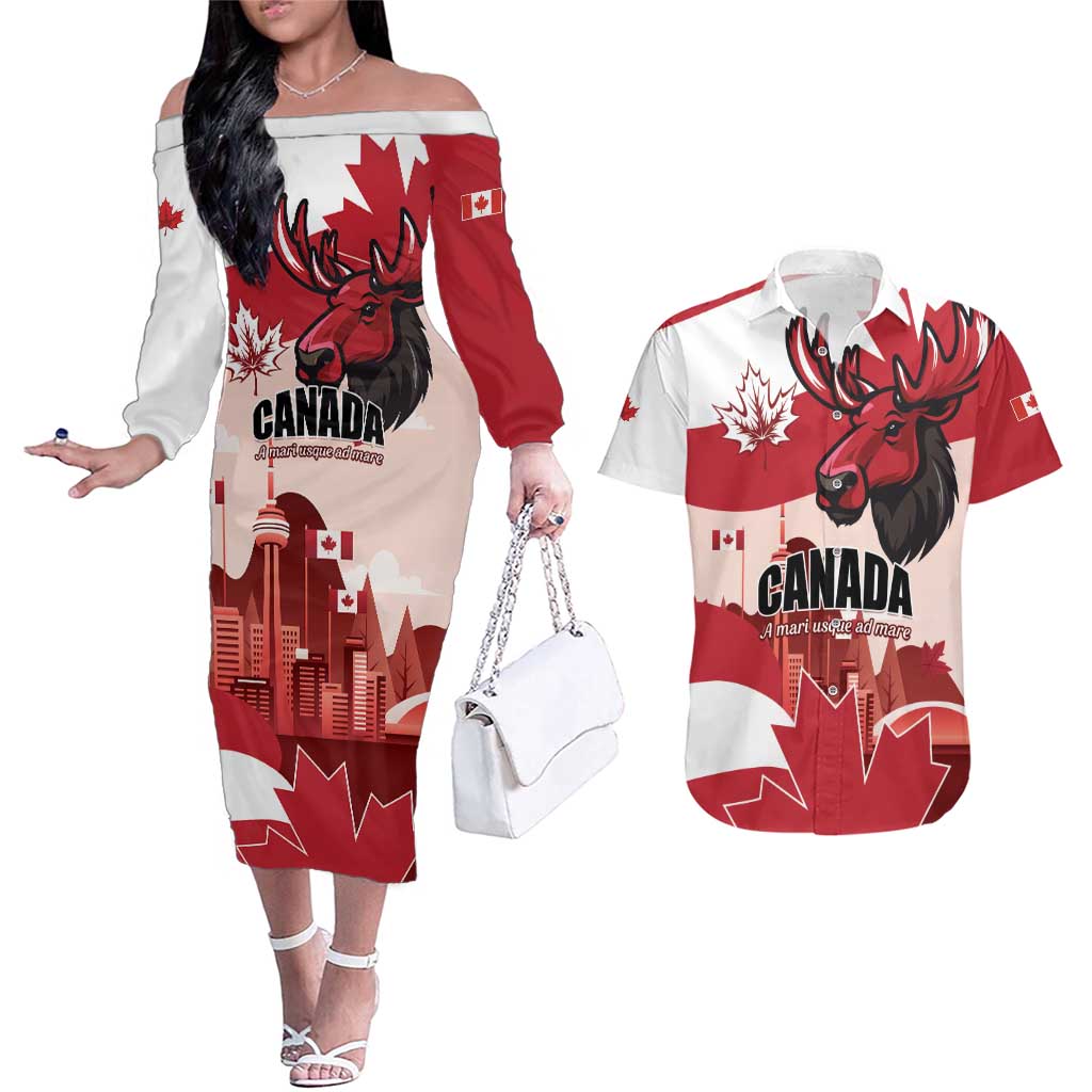 Personalised Canada Day 1867 Couples Matching Off The Shoulder Long Sleeve Dress and Hawaiian Shirt Moose With Maple Leaves