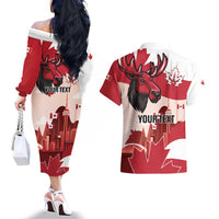 Personalised Canada Day 1867 Couples Matching Off The Shoulder Long Sleeve Dress and Hawaiian Shirt Moose With Maple Leaves