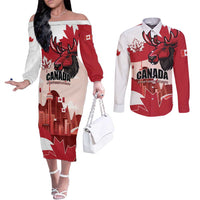 Personalised Canada Day 1867 Couples Matching Off The Shoulder Long Sleeve Dress and Long Sleeve Button Shirt Moose With Maple Leaves