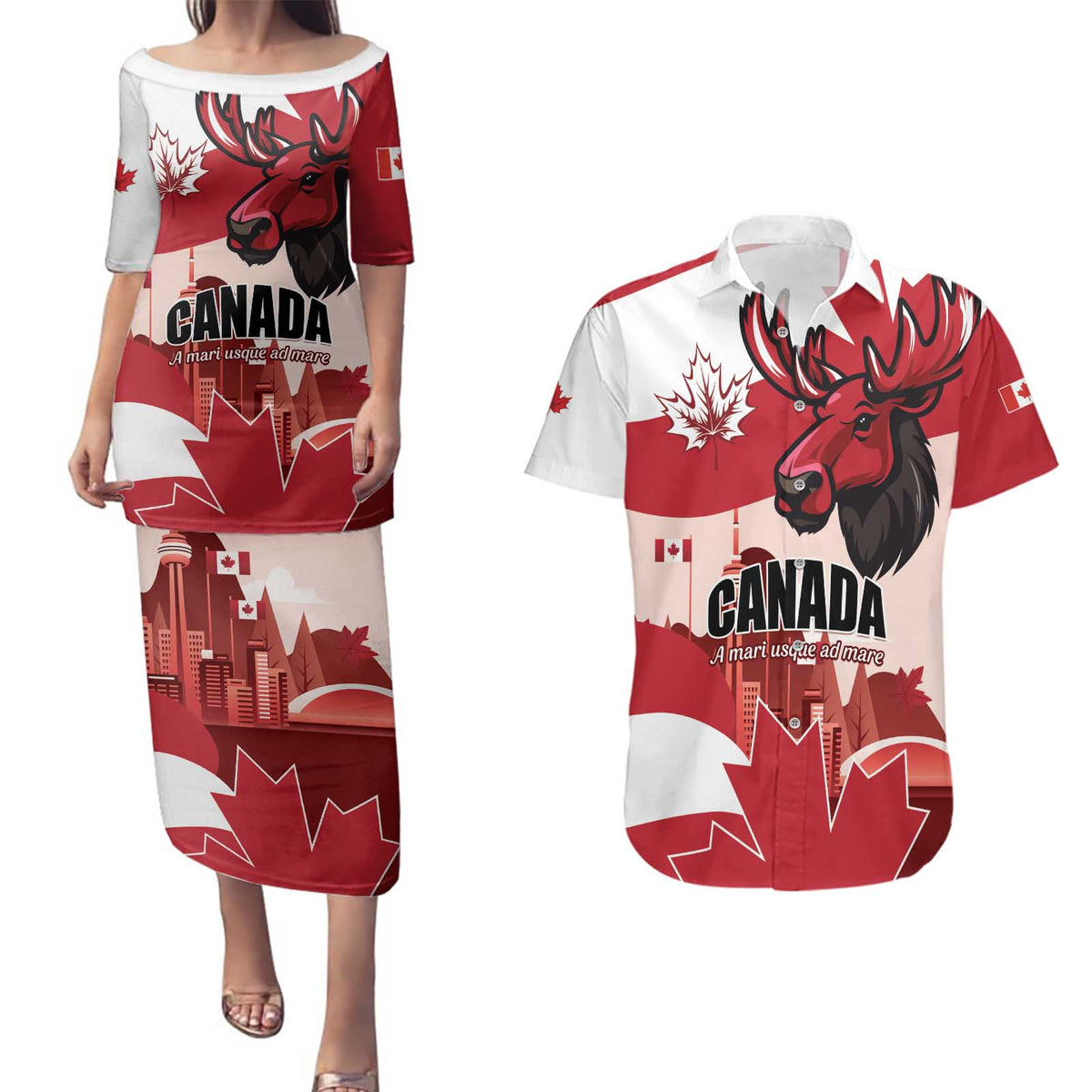 Personalised Canada Day 1867 Couples Matching Puletasi and Hawaiian Shirt Moose With Maple Leaves