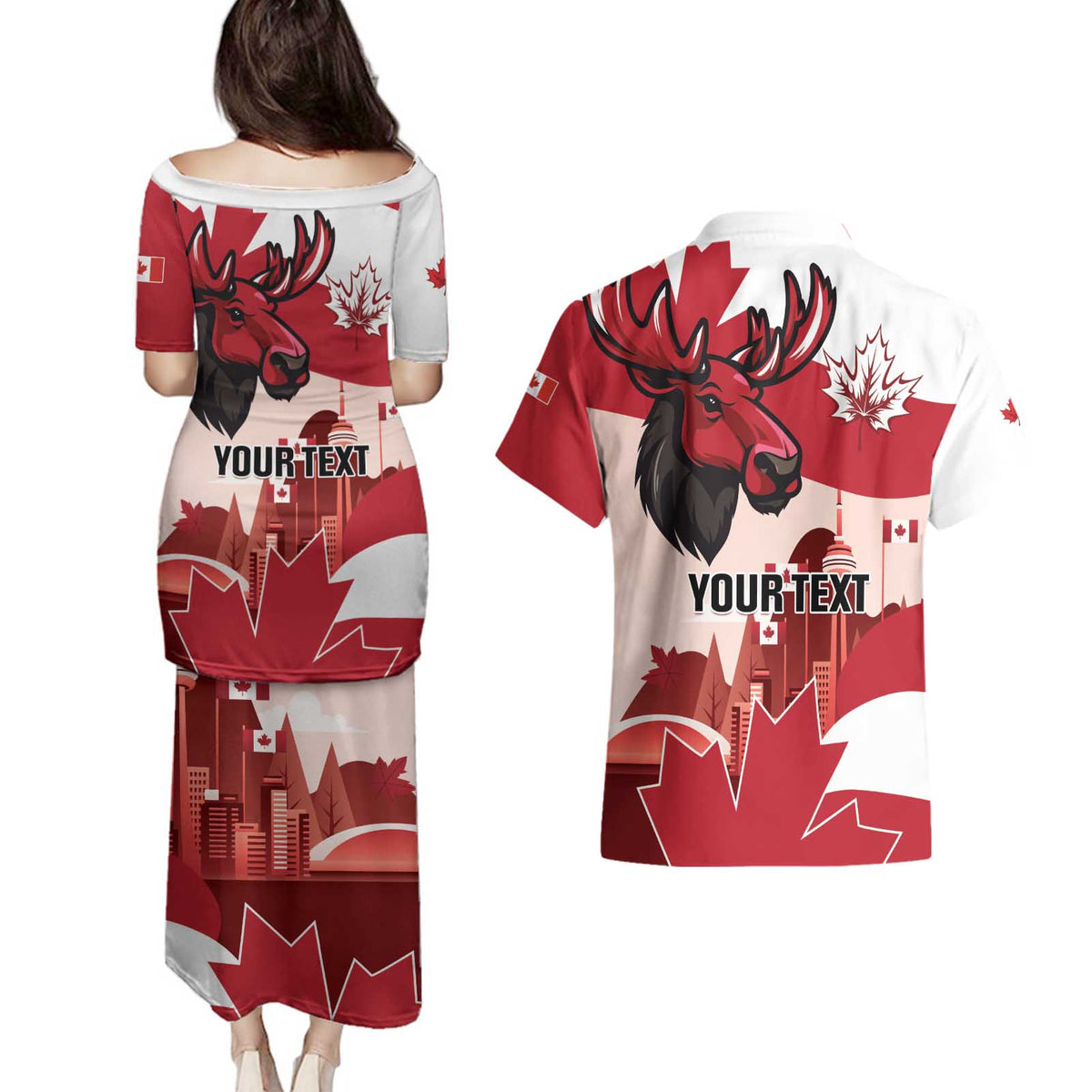 Personalised Canada Day 1867 Couples Matching Puletasi and Hawaiian Shirt Moose With Maple Leaves