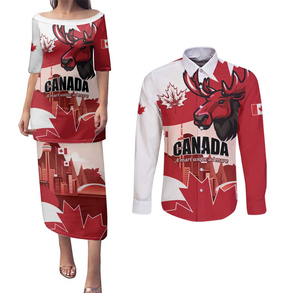 Personalised Canada Day 1867 Couples Matching Puletasi and Long Sleeve Button Shirt Moose With Maple Leaves