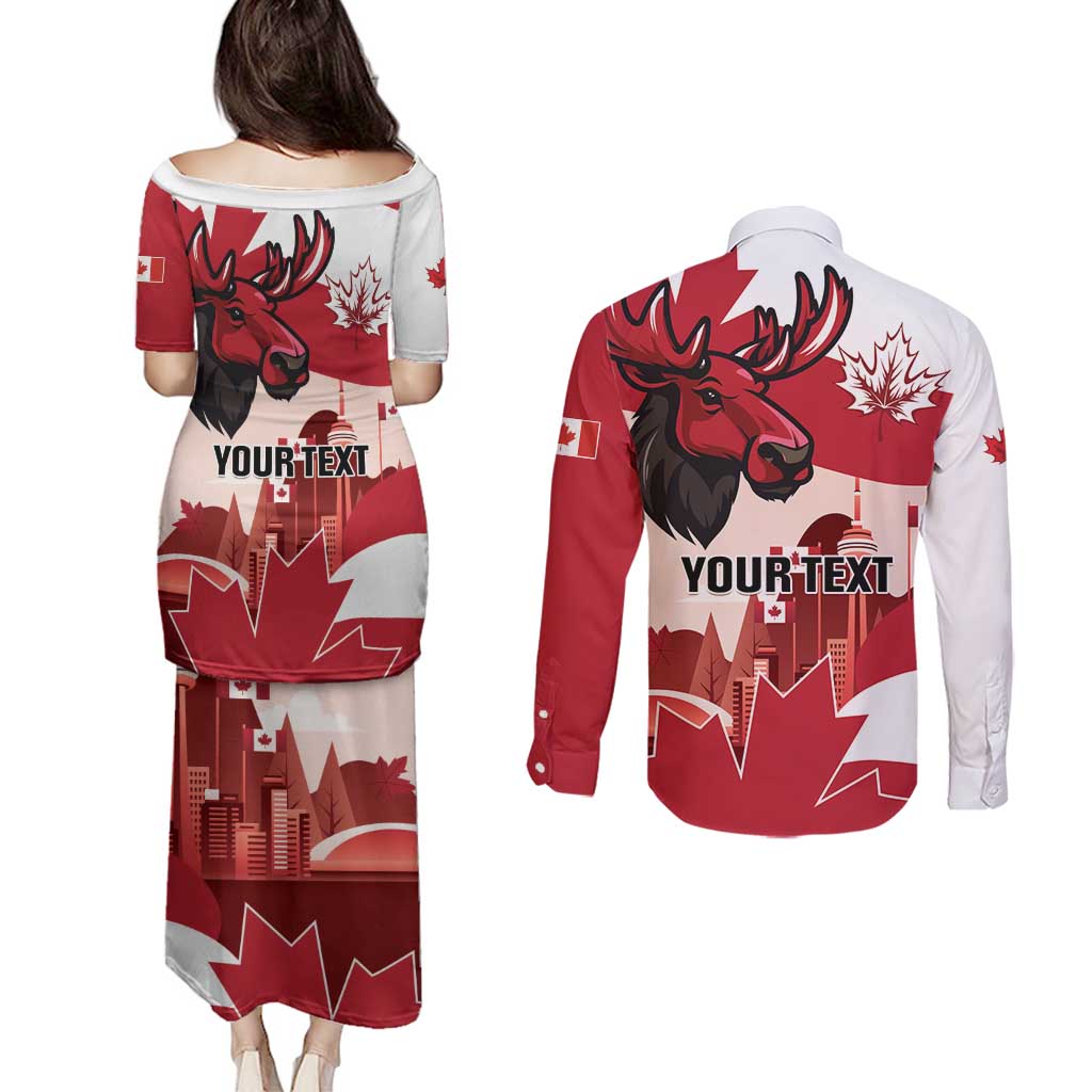 Personalised Canada Day 1867 Couples Matching Puletasi and Long Sleeve Button Shirt Moose With Maple Leaves