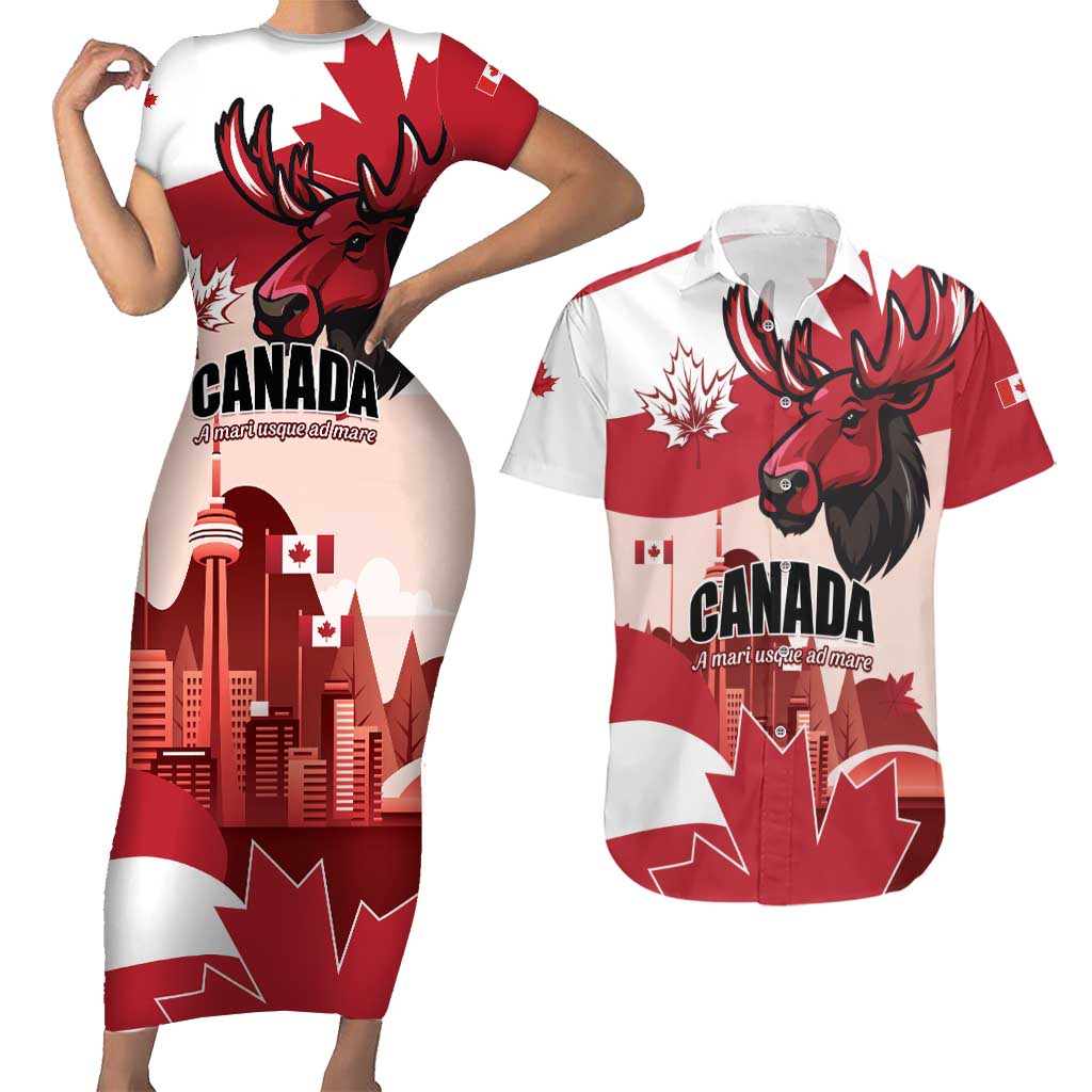 Personalised Canada Day 1867 Couples Matching Short Sleeve Bodycon Dress and Hawaiian Shirt Moose With Maple Leaves