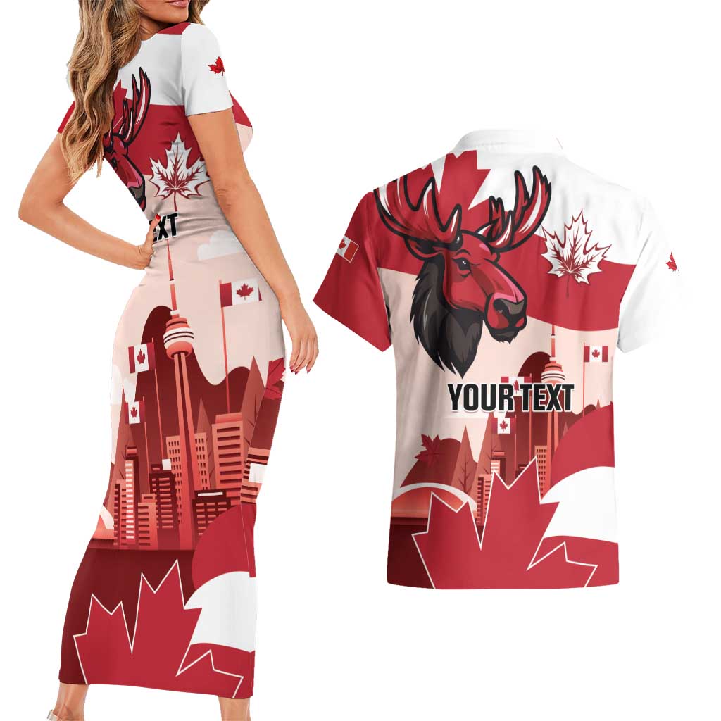 Personalised Canada Day 1867 Couples Matching Short Sleeve Bodycon Dress and Hawaiian Shirt Moose With Maple Leaves