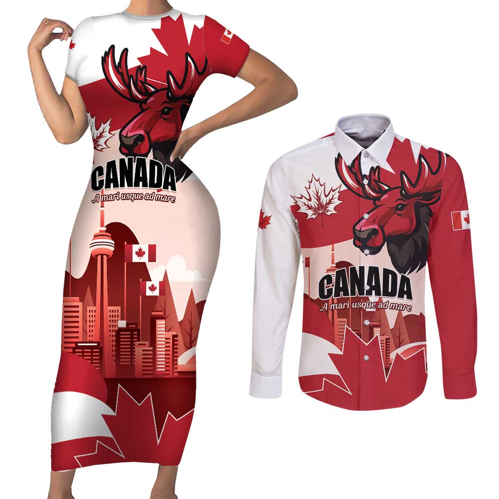 Personalised Canada Day 1867 Couples Matching Short Sleeve Bodycon Dress and Long Sleeve Button Shirt Moose With Maple Leaves