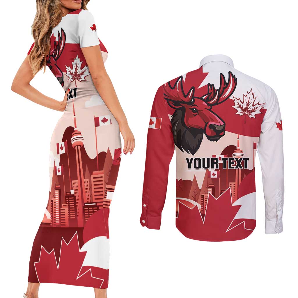 Personalised Canada Day 1867 Couples Matching Short Sleeve Bodycon Dress and Long Sleeve Button Shirt Moose With Maple Leaves