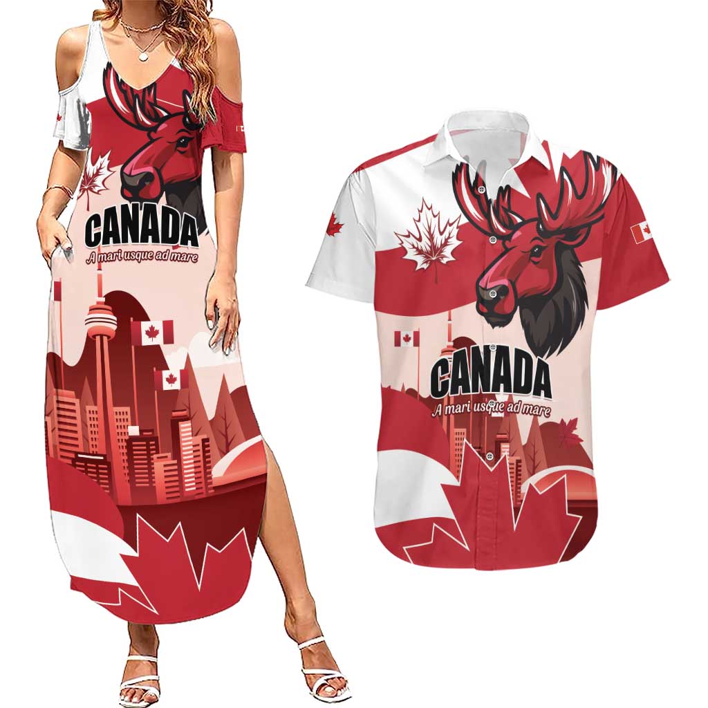 Personalised Canada Day 1867 Couples Matching Summer Maxi Dress and Hawaiian Shirt Moose With Maple Leaves