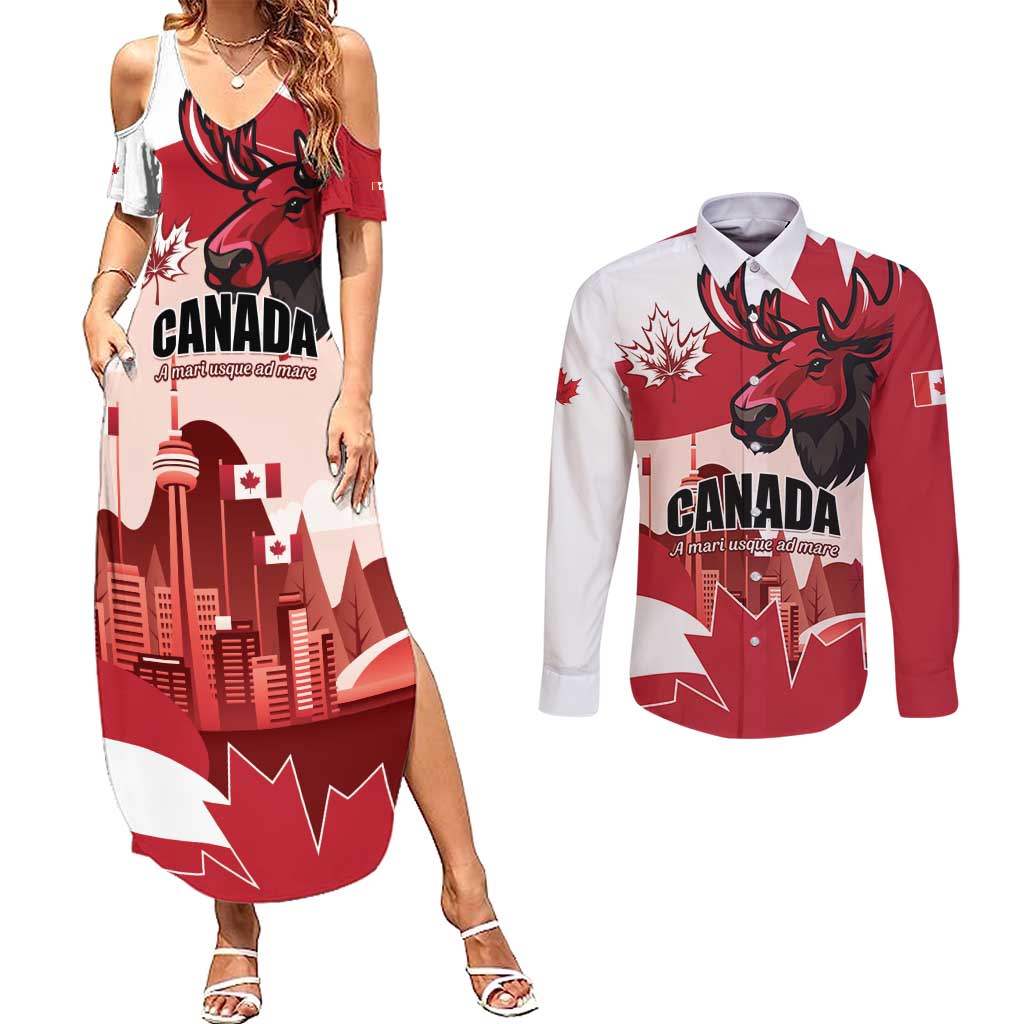 Personalised Canada Day 1867 Couples Matching Summer Maxi Dress and Long Sleeve Button Shirt Moose With Maple Leaves