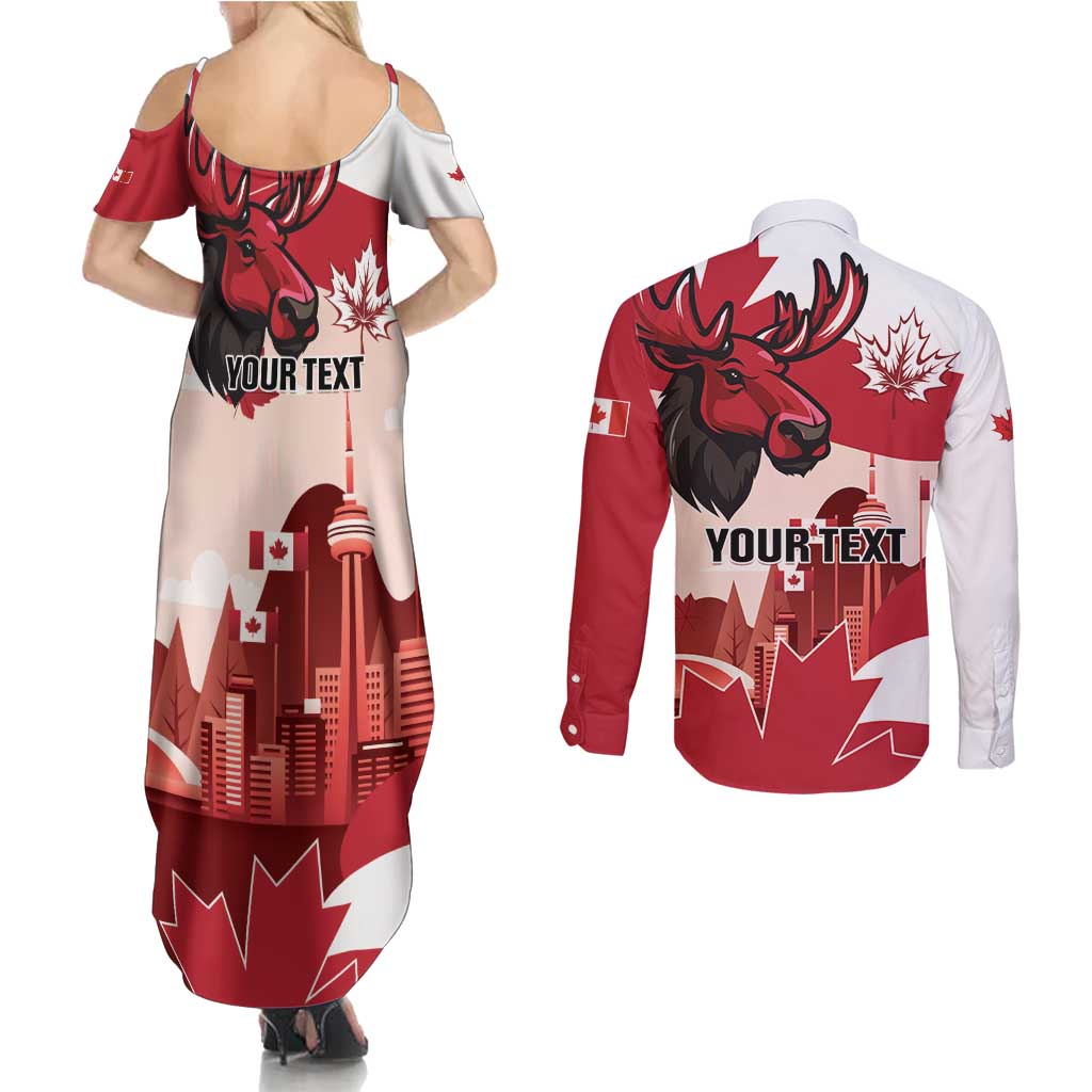 Personalised Canada Day 1867 Couples Matching Summer Maxi Dress and Long Sleeve Button Shirt Moose With Maple Leaves