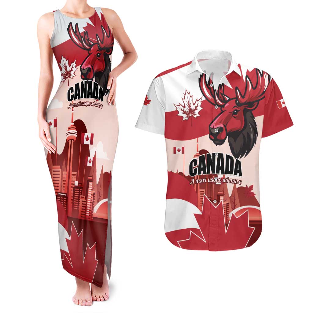Personalised Canada Day 1867 Couples Matching Tank Maxi Dress and Hawaiian Shirt Moose With Maple Leaves
