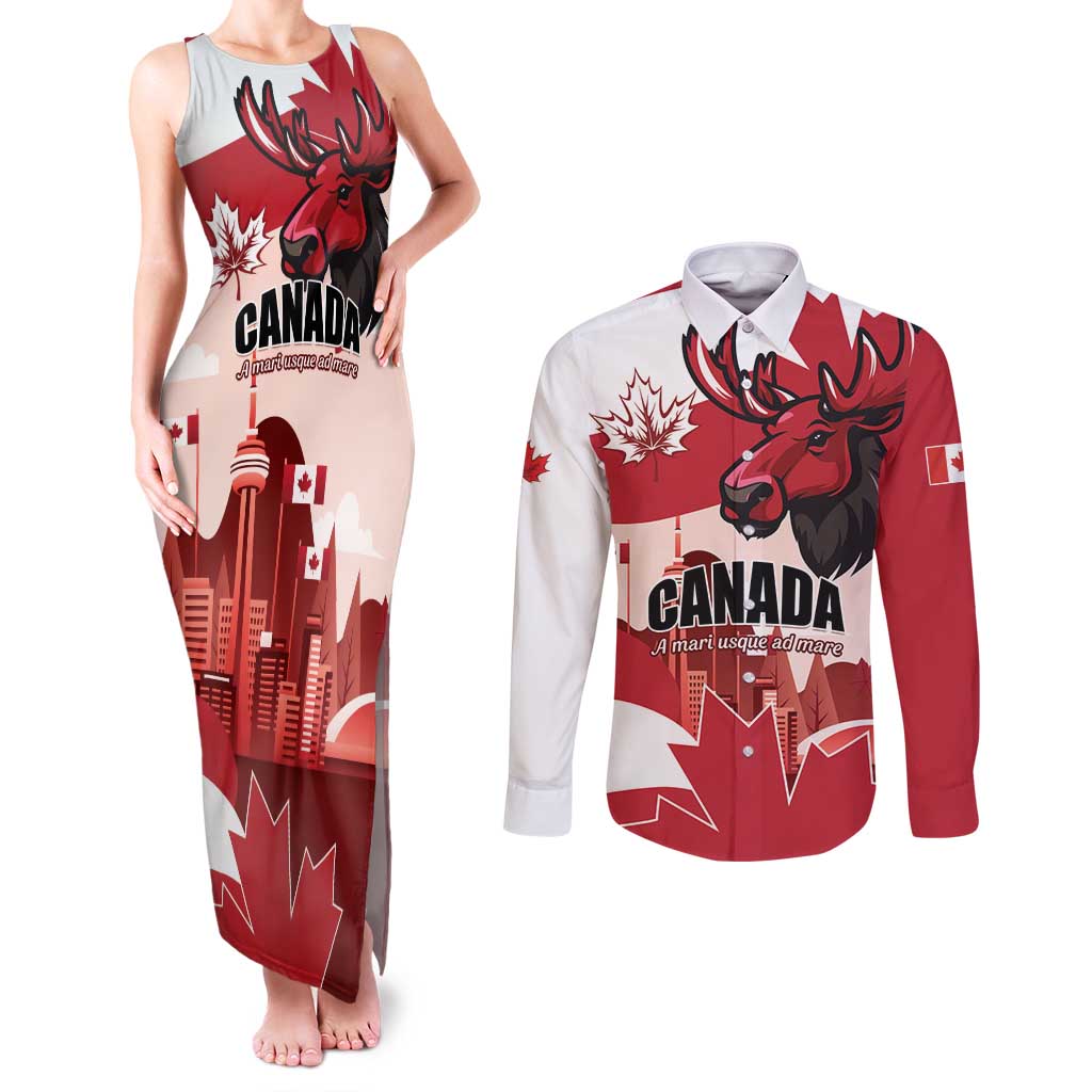 Personalised Canada Day 1867 Couples Matching Tank Maxi Dress and Long Sleeve Button Shirt Moose With Maple Leaves